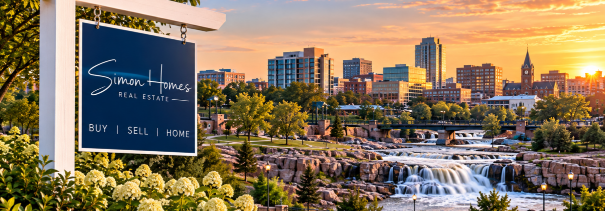 Simon Homes real estate sign overlooking Falls Park and the Sioux Falls, SD skyline.
